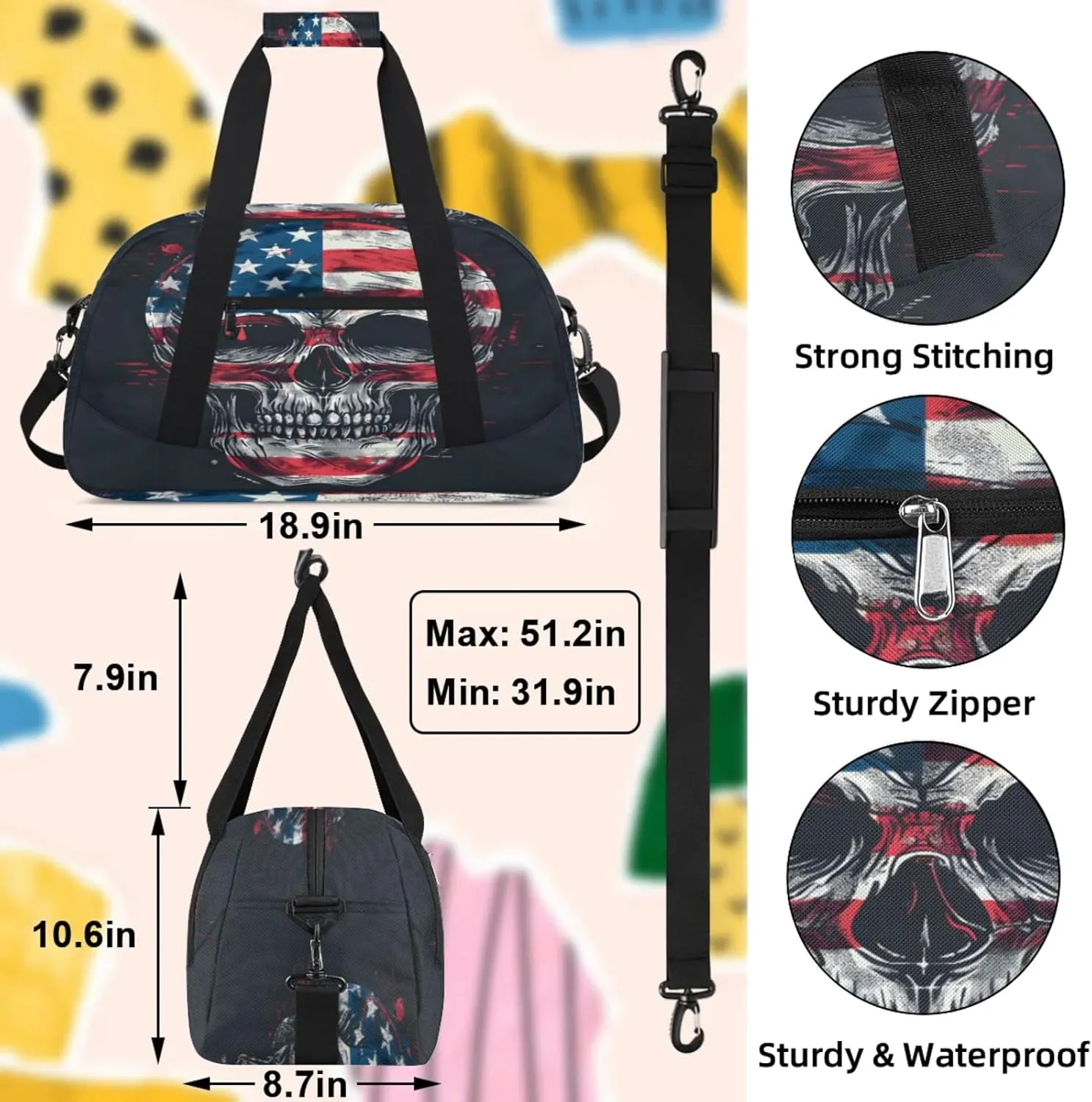 Skull Gothic Skeleton American Flag Small Gym Bag 18 inch Carry On Duffel Bag for Weekender Travel Sports Workout Yoga Gymnastics Dance Ballet