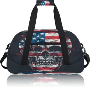 Skull Gothic Skeleton American Flag Small Gym Bag 18 inch Carry On Duffel Bag for Weekender Travel Sports Workout Yoga Gymnastics Dance Ballet