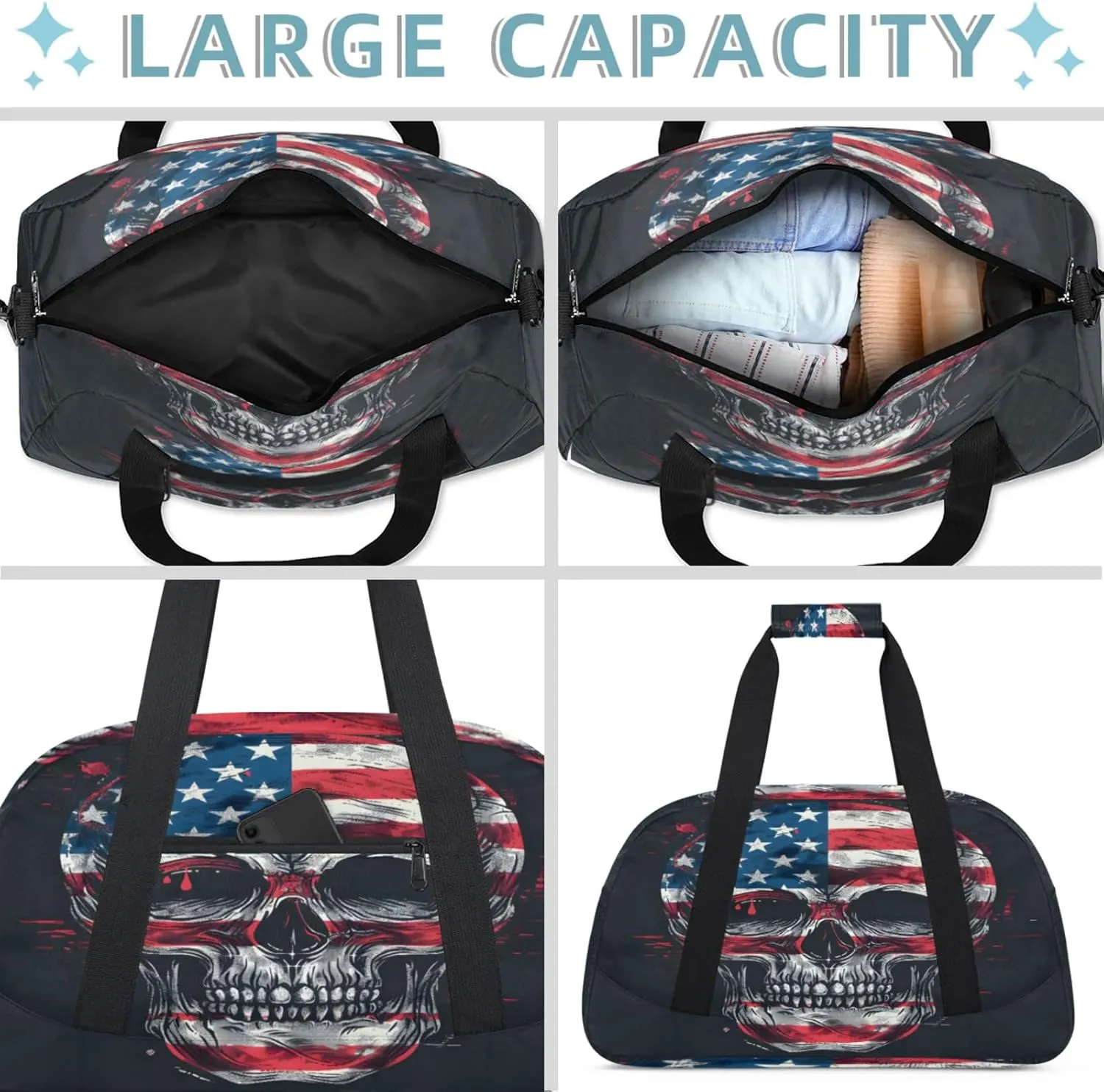 Skull Gothic Skeleton American Flag Small Gym Bag 18 inch Carry On Duffel Bag for Weekender Travel Sports Workout Yoga Gymnastics Dance Ballet