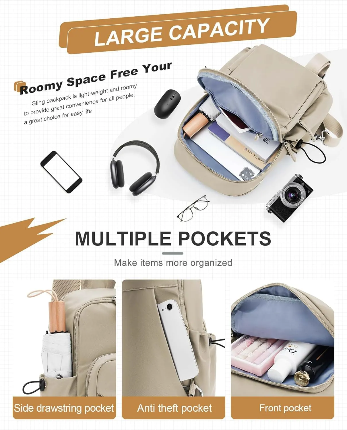 Sling Crossbody Bag for Men Women, Tactical Backpack Shoulder Daypack Mini Anti-Theft Motorcycle Chest Bags, Small One Strap Backpack for Casual Travel Hiking Outdoor Sports Khaki
