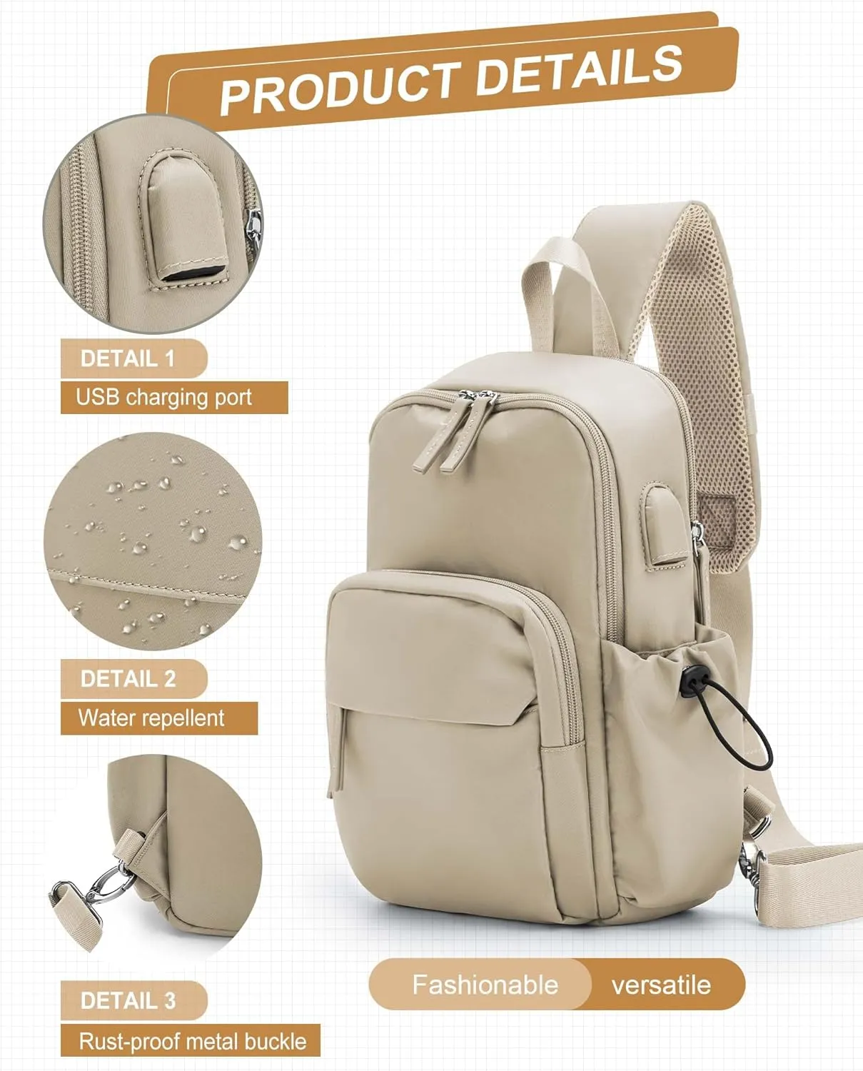 Sling Crossbody Bag for Men Women, Tactical Backpack Shoulder Daypack Mini Anti-Theft Motorcycle Chest Bags, Small One Strap Backpack for Casual Travel Hiking Outdoor Sports Khaki