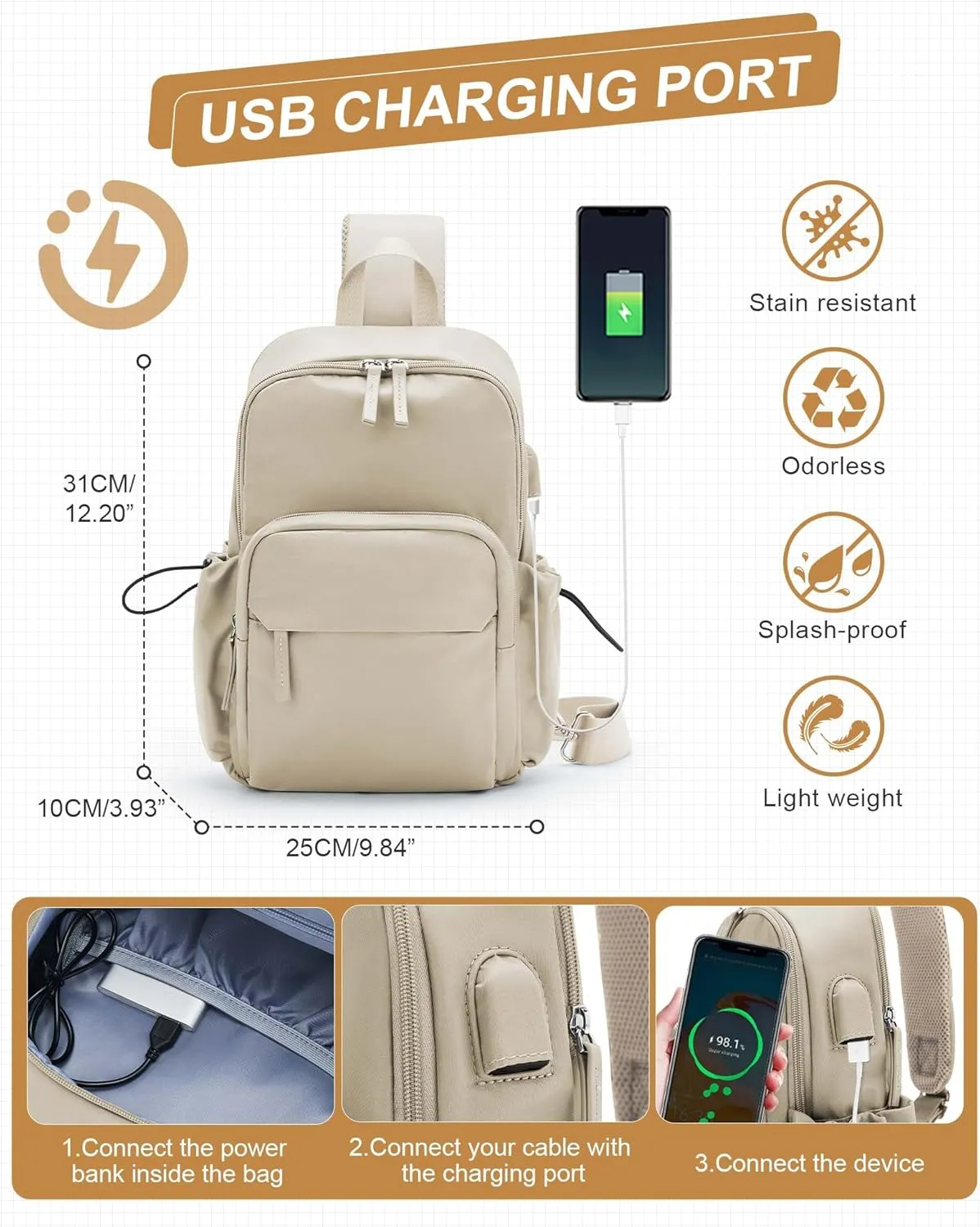 Sling Crossbody Bag for Men Women, Tactical Backpack Shoulder Daypack Mini Anti-Theft Motorcycle Chest Bags, Small One Strap Backpack for Casual Travel Hiking Outdoor Sports Khaki