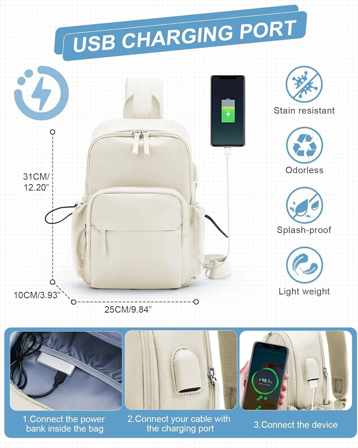 Sling Crossbody Bag for Men Women, Tactical Backpack Shoulder Daypack Mini Anti-Theft Motorcycle Chest Bags, Small One Strap Backpack for Casual Travel Hiking Outdoor Sports Off White