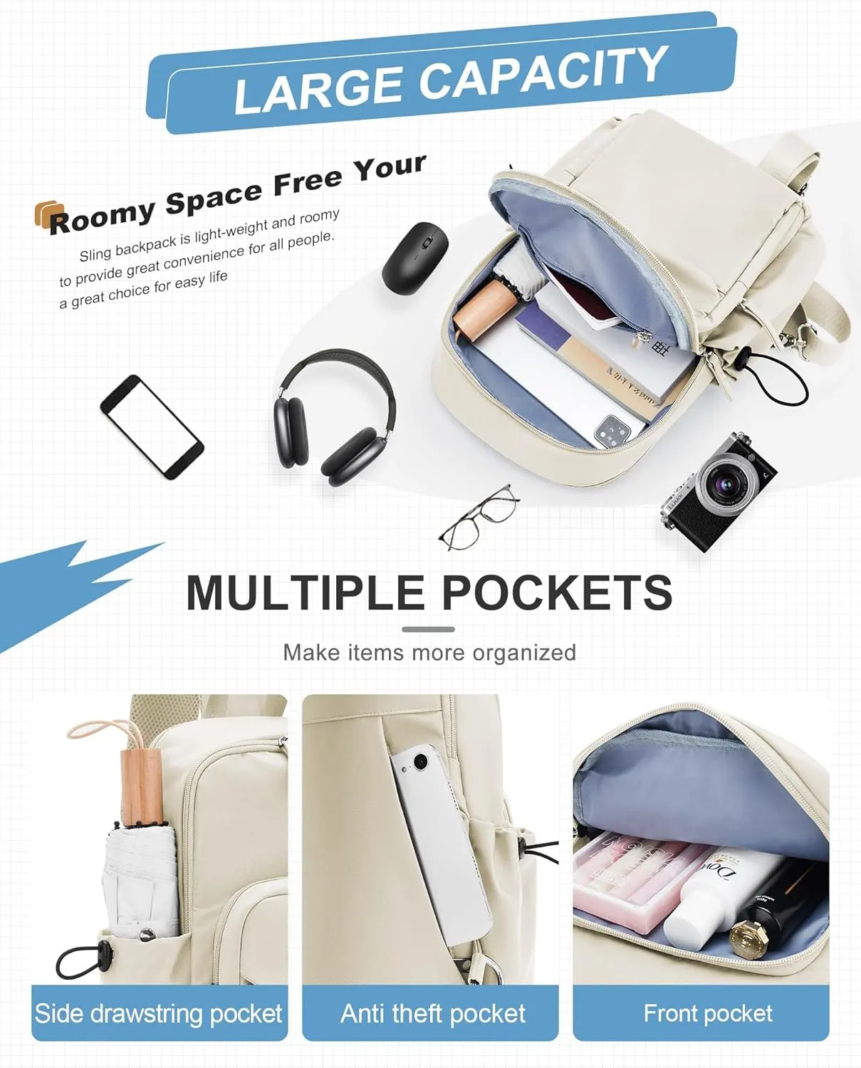 Sling Crossbody Bag for Men Women, Tactical Backpack Shoulder Daypack Mini Anti-Theft Motorcycle Chest Bags, Small One Strap Backpack for Casual Travel Hiking Outdoor Sports Off White