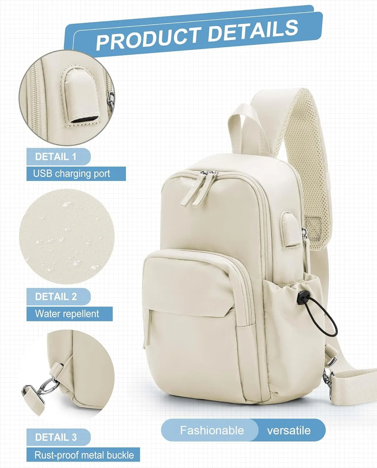 Sling Crossbody Bag for Men Women, Tactical Backpack Shoulder Daypack Mini Anti-Theft Motorcycle Chest Bags, Small One Strap Backpack for Casual Travel Hiking Outdoor Sports Off White