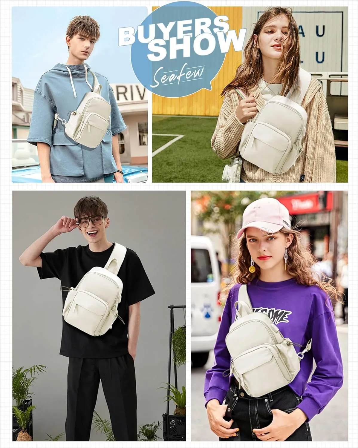 Sling Crossbody Bag for Men Women, Tactical Backpack Shoulder Daypack Mini Anti-Theft Motorcycle Chest Bags, Small One Strap Backpack for Casual Travel Hiking Outdoor Sports Off White