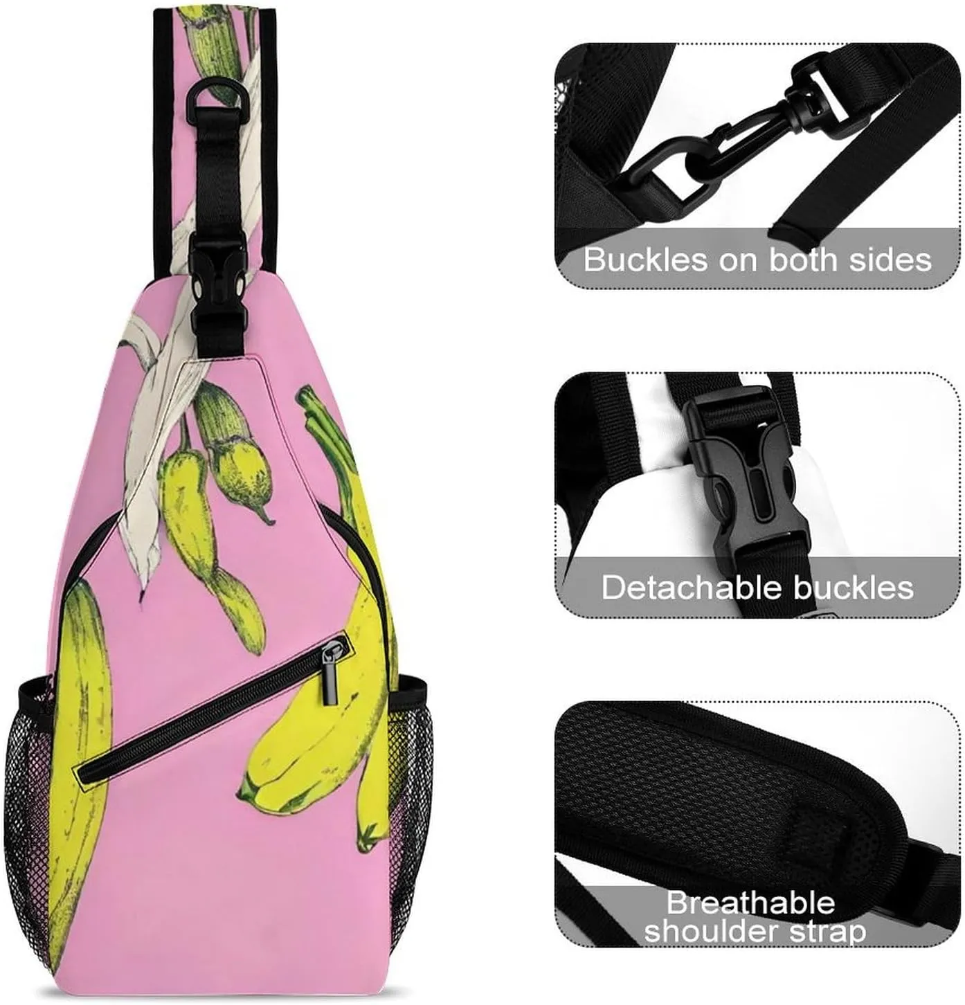Sling Shoulder Backpack for Men Women Multipurpose Anti-Theft Gym Bags Sack Daypack Outdoor Backpack Carry On Bag, Banana In Pink Art Shoulder Crossbody Bag Chest Pack
