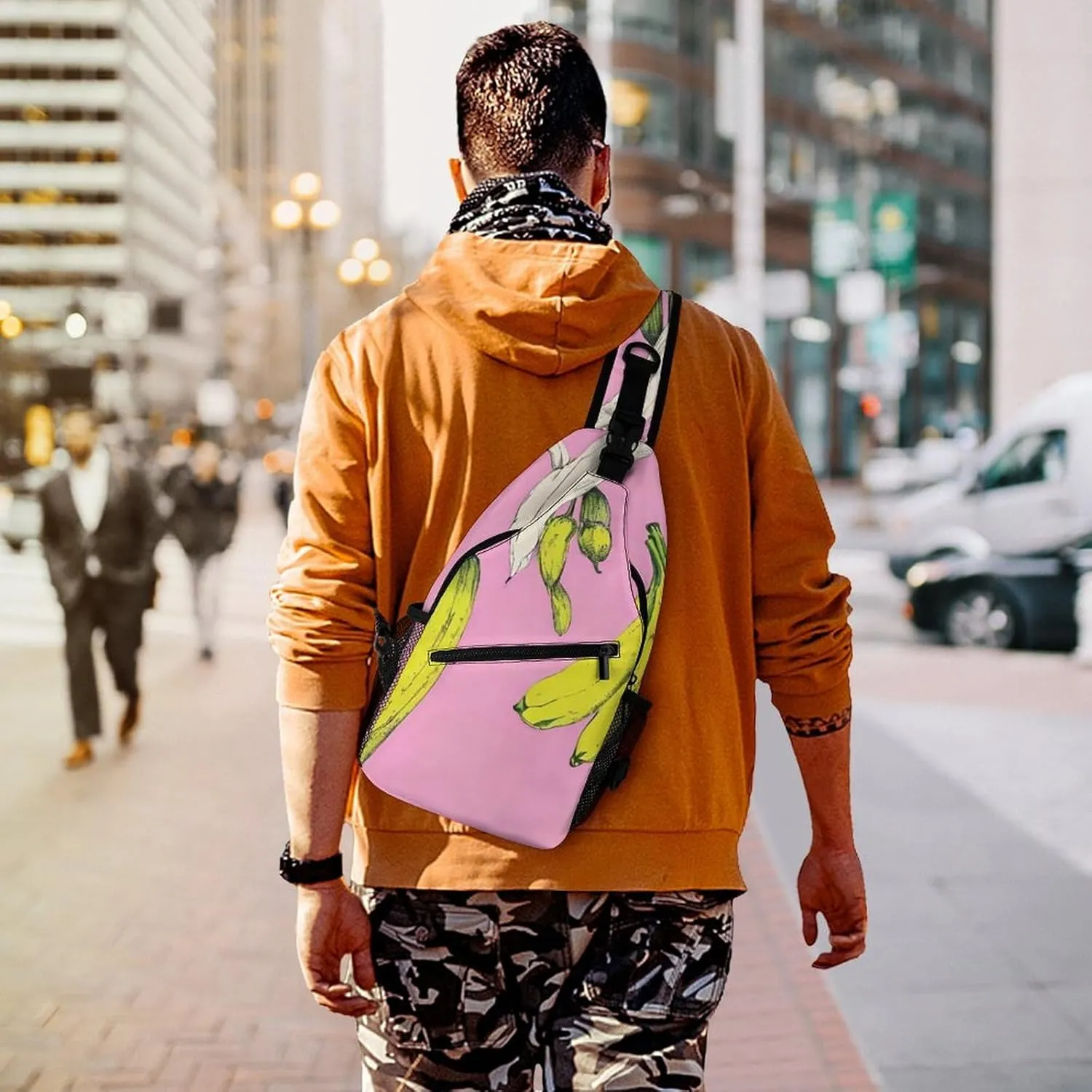 Sling Shoulder Backpack for Men Women Multipurpose Anti-Theft Gym Bags Sack Daypack Outdoor Backpack Carry On Bag, Banana In Pink Art Shoulder Crossbody Bag Chest Pack