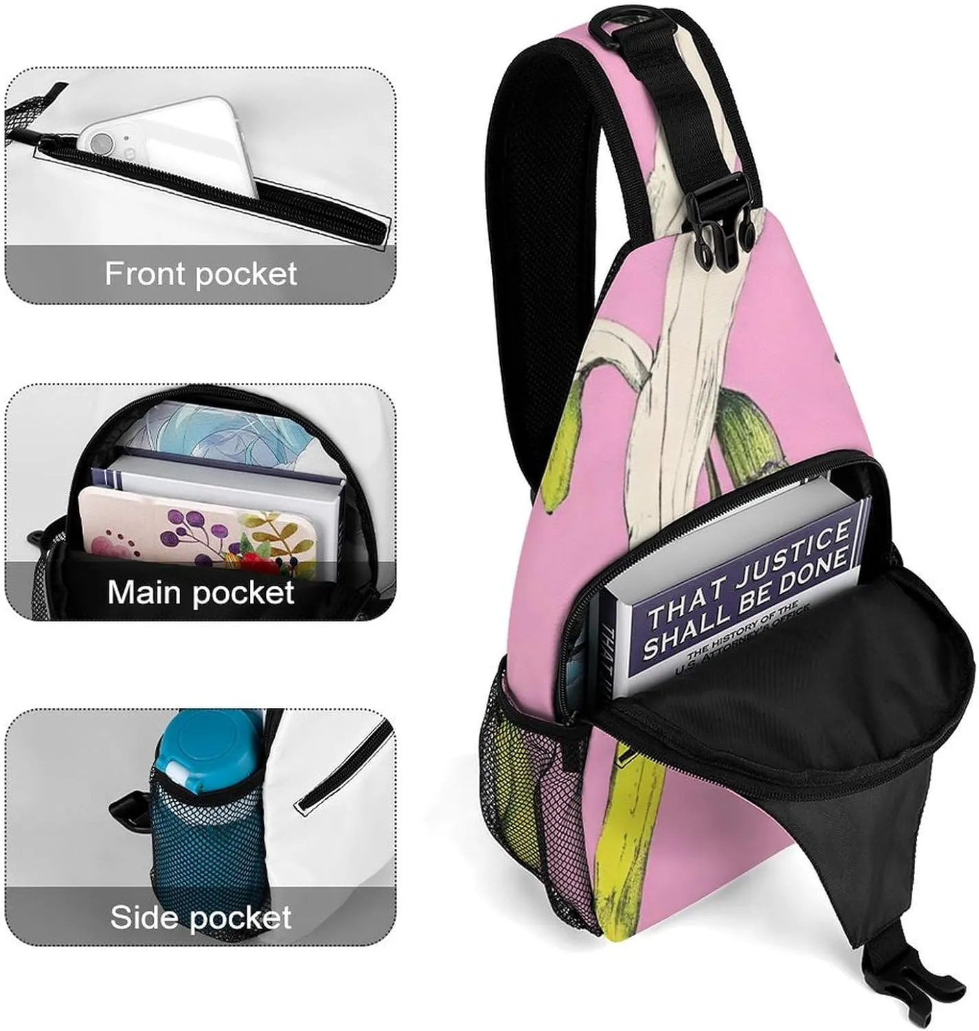 Sling Shoulder Backpack for Men Women Multipurpose Anti-Theft Gym Bags Sack Daypack Outdoor Backpack Carry On Bag, Banana In Pink Art Shoulder Crossbody Bag Chest Pack