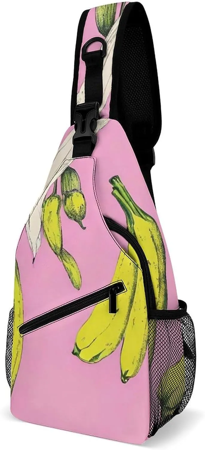 Sling Shoulder Backpack for Men Women Multipurpose Anti-Theft Gym Bags Sack Daypack Outdoor Backpack Carry On Bag, Banana In Pink Art Shoulder Crossbody Bag Chest Pack