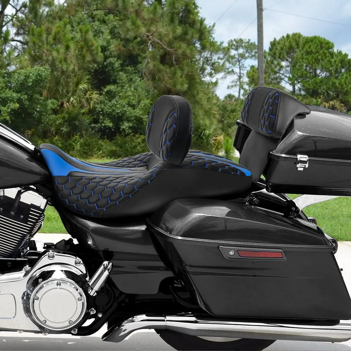 SLMOTO Seat Rider Passenger Sissy Bar One-Piece Driver Rider Passenger Seat Backrest Pad for Harley Touring Road King Street Electra Road Glide 2009-2023