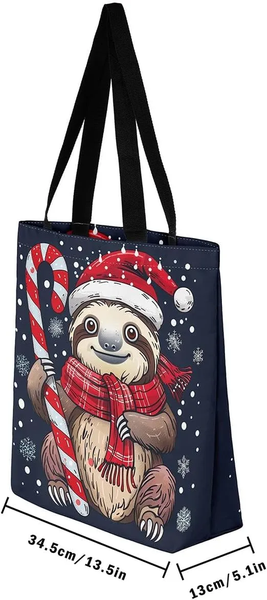 Sloth Canvas Tote Bag for Women, Santa Hat Wildlife Travel Toiletry Bag,Cartoon Woodland Animals Shoulder Bag