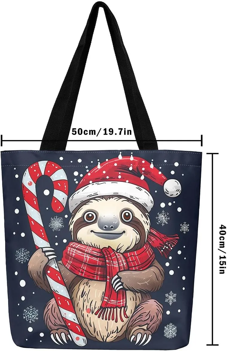 Sloth Canvas Tote Bag for Women, Santa Hat Wildlife Travel Toiletry Bag,Cartoon Woodland Animals Shoulder Bag
