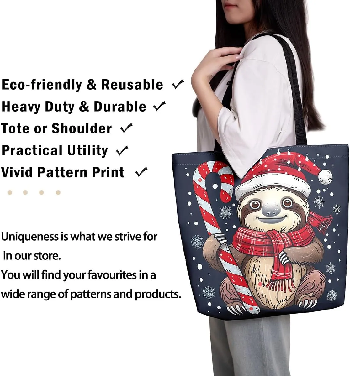 Sloth Canvas Tote Bag for Women, Santa Hat Wildlife Travel Toiletry Bag,Cartoon Woodland Animals Shoulder Bag