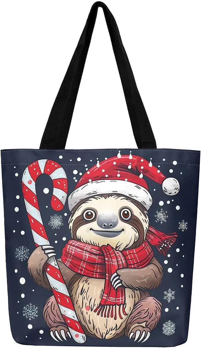 Sloth Canvas Tote Bag for Women, Santa Hat Wildlife Travel Toiletry Bag,Cartoon Woodland Animals Shoulder Bag