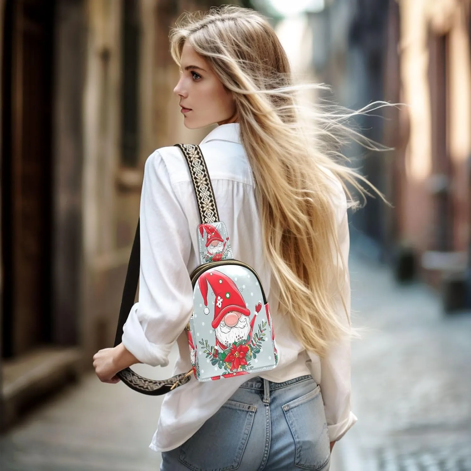 Small Sling Bag for Women Crossbody Christmas Wreath Gnome Trendy Crossbody Bag Fanny Pack with Guitar Strap Snowfall Winter Floral Leather Chest Bag for Women Travel Outdoor Outfit