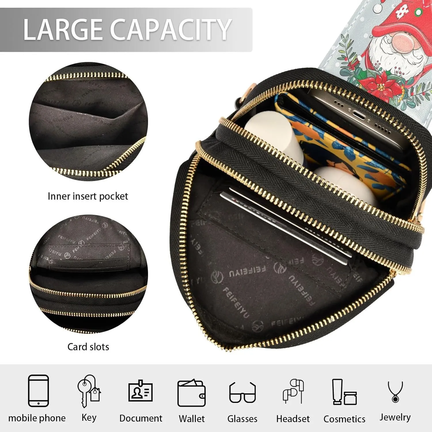 Small Sling Bag for Women Crossbody Christmas Wreath Gnome Trendy Crossbody Bag Fanny Pack with Guitar Strap Snowfall Winter Floral Leather Chest Bag for Women Travel Outdoor Outfit