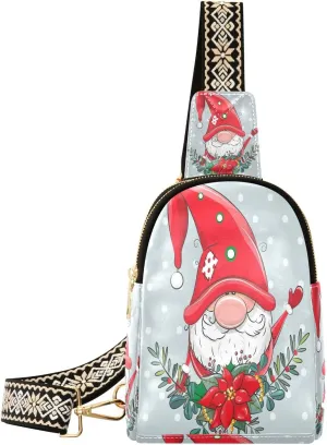 Small Sling Bag for Women Crossbody Christmas Wreath Gnome Trendy Crossbody Bag Fanny Pack with Guitar Strap Snowfall Winter Floral Leather Chest Bag for Women Travel Outdoor Outfit