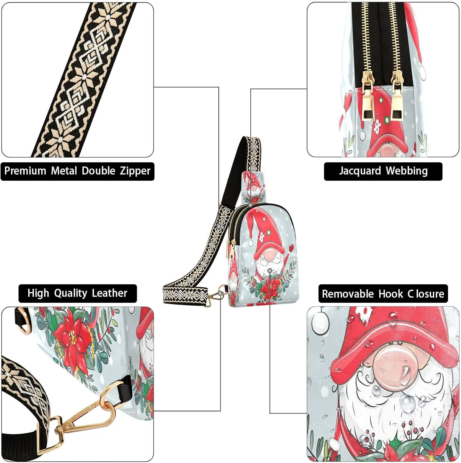 Small Sling Bag for Women Crossbody Christmas Wreath Gnome Trendy Crossbody Bag Fanny Pack with Guitar Strap Snowfall Winter Floral Leather Chest Bag for Women Travel Outdoor Outfit
