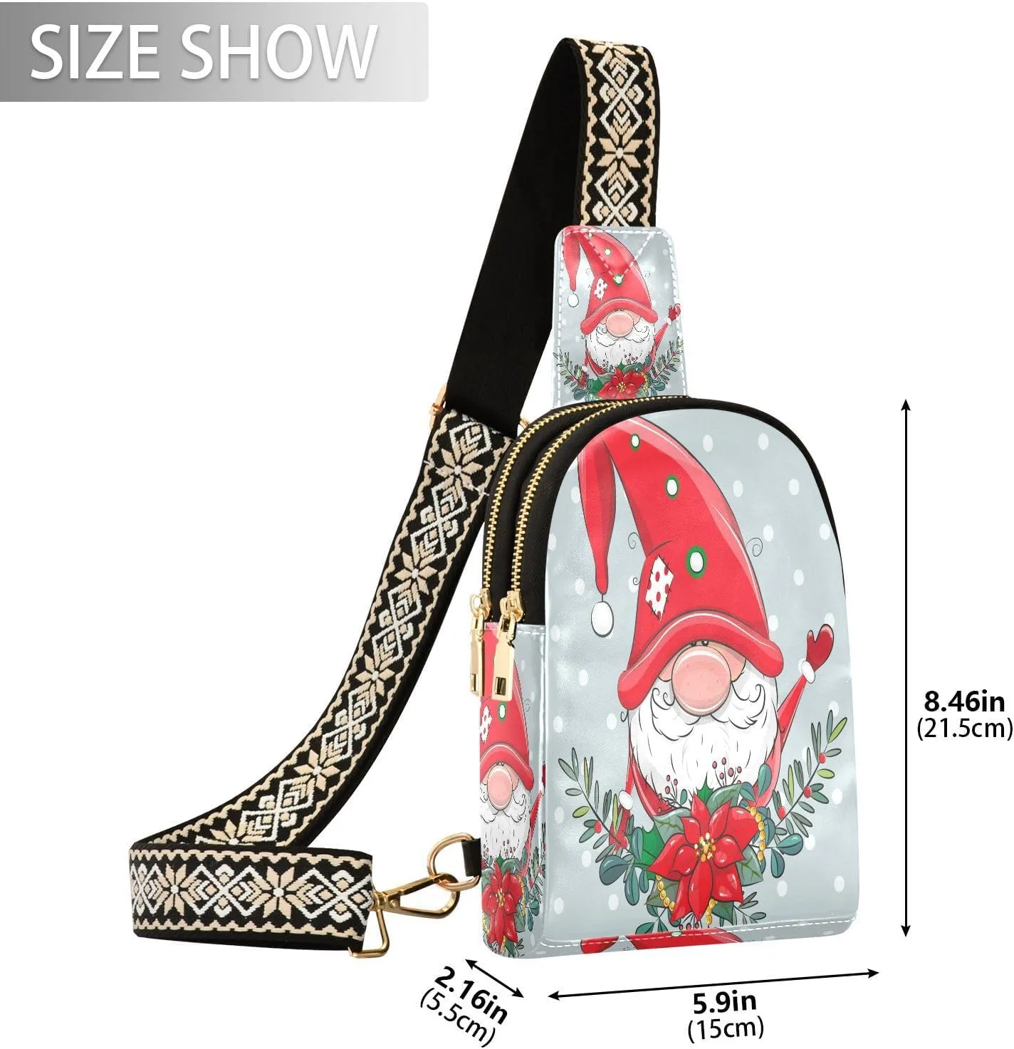 Small Sling Bag for Women Crossbody Christmas Wreath Gnome Trendy Crossbody Bag Fanny Pack with Guitar Strap Snowfall Winter Floral Leather Chest Bag for Women Travel Outdoor Outfit