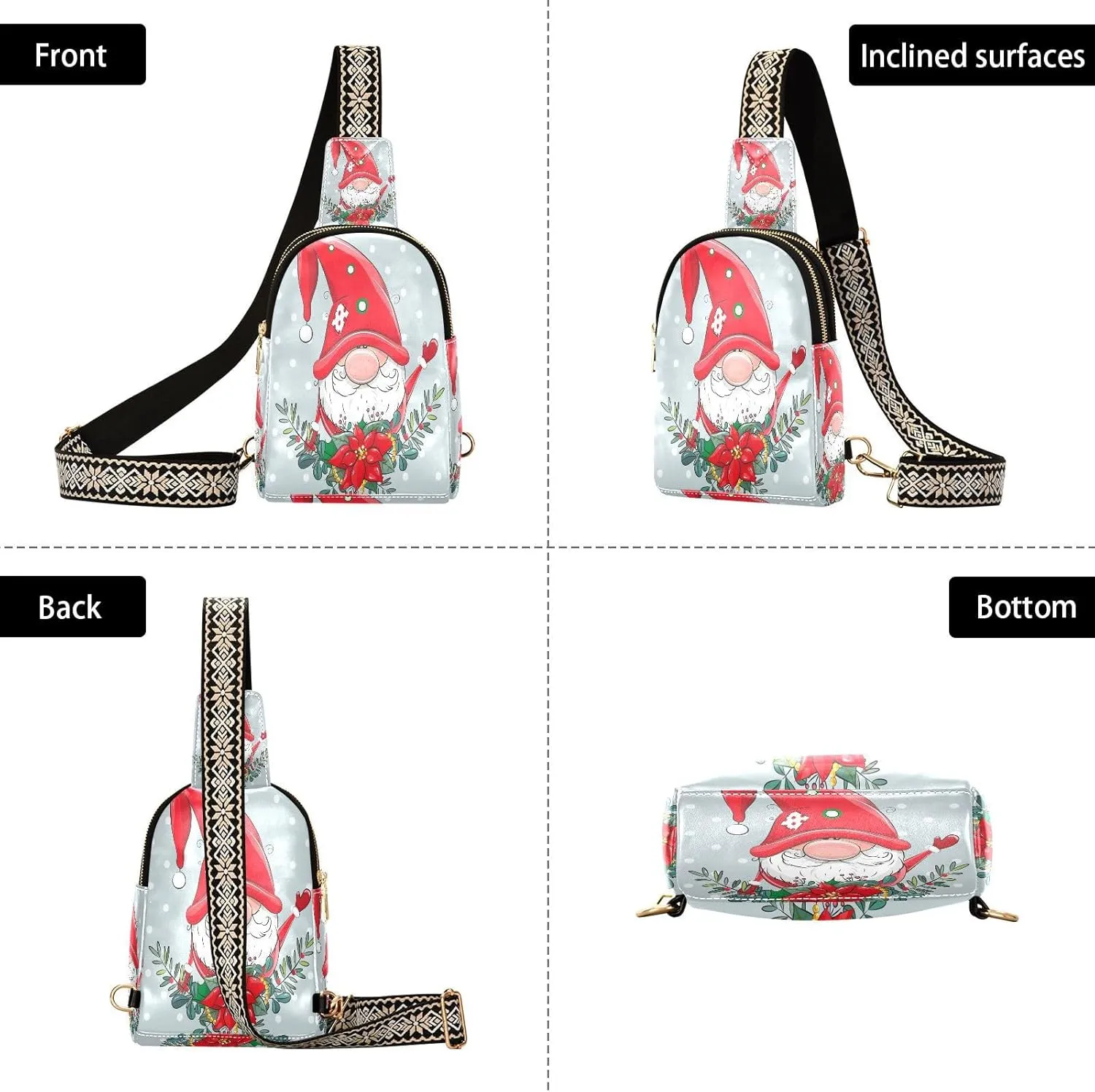 Small Sling Bag for Women Crossbody Christmas Wreath Gnome Trendy Crossbody Bag Fanny Pack with Guitar Strap Snowfall Winter Floral Leather Chest Bag for Women Travel Outdoor Outfit