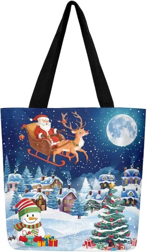 Snowman Canvas Tote Bag Christmas Tree Duffle Bag Women,Skiing Casual Reusable Handbag for Women