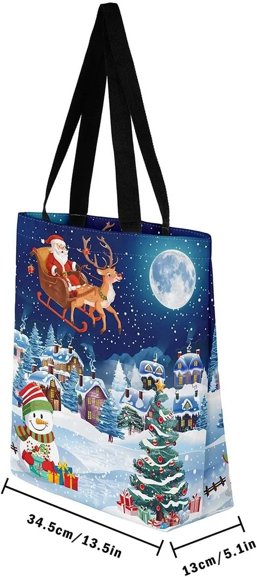 Snowman Canvas Tote Bag Christmas Tree Duffle Bag Women,Skiing Casual Reusable Handbag for Women