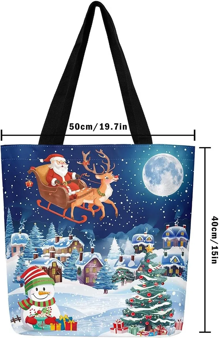 Snowman Canvas Tote Bag Christmas Tree Duffle Bag Women,Skiing Casual Reusable Handbag for Women