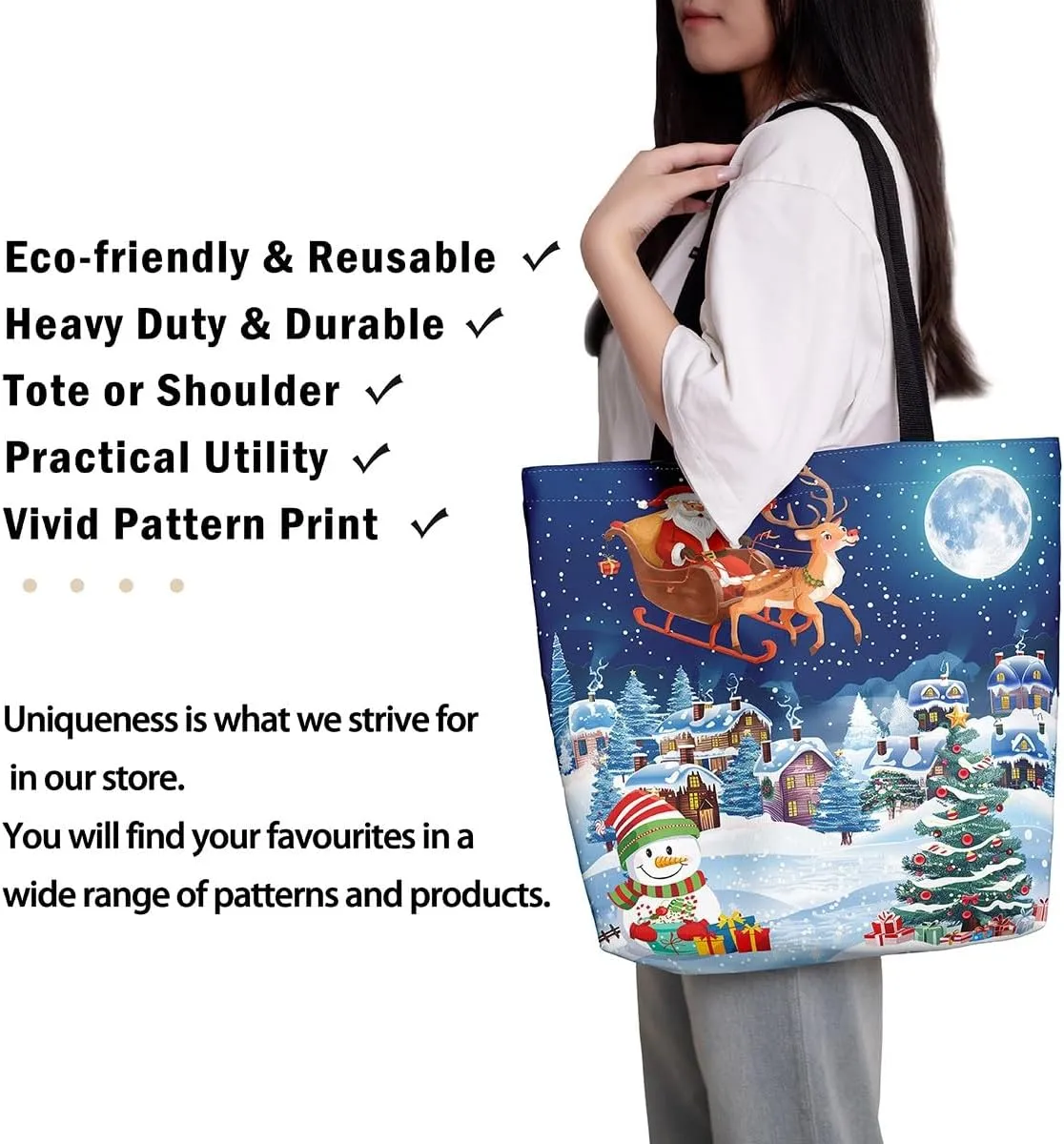 Snowman Canvas Tote Bag Christmas Tree Duffle Bag Women,Skiing Casual Reusable Handbag for Women