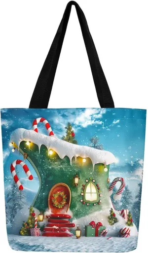 Snowman Canvas Tote Bag Christmas Tree Duffle Bag Women,Skiing Casual Reusable Handbag for Women