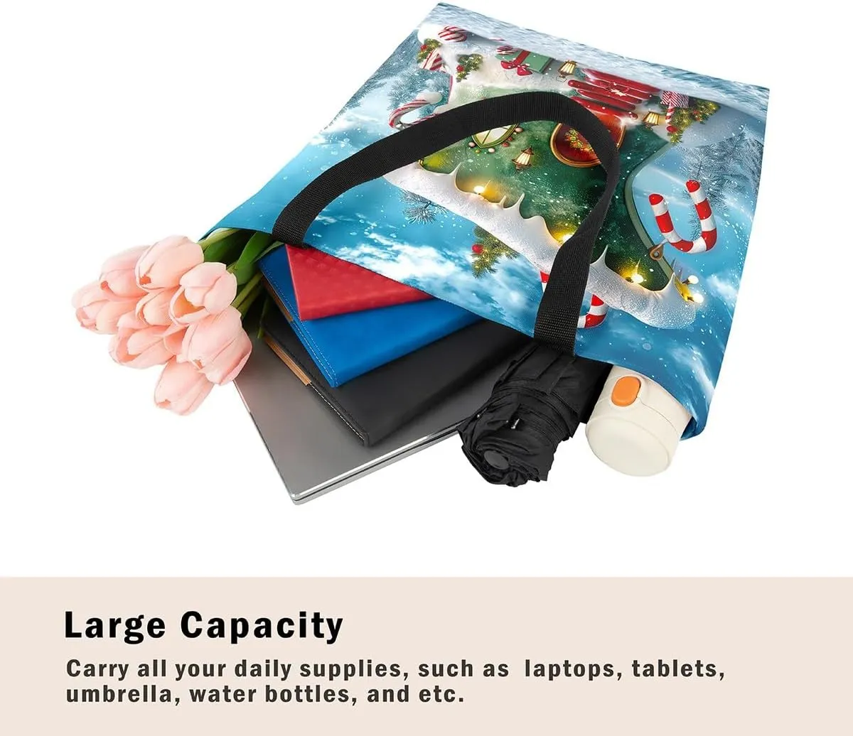 Snowman Canvas Tote Bag Christmas Tree Duffle Bag Women,Skiing Casual Reusable Handbag for Women