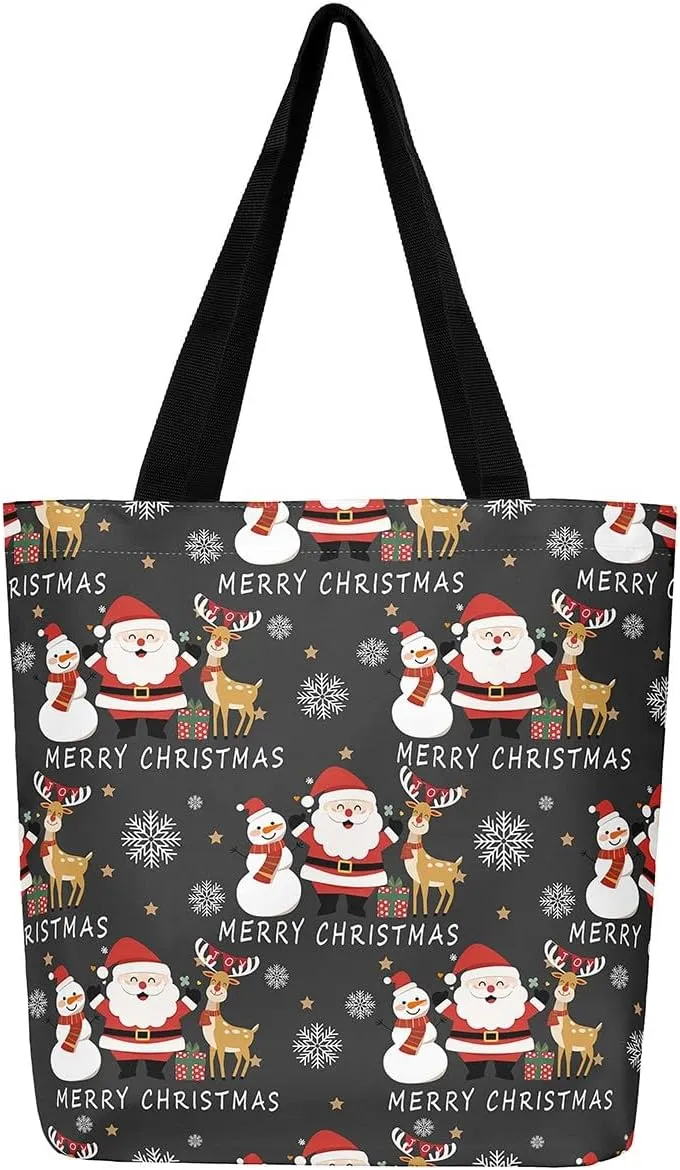 Snowman Canvas Tote Bag Christmas Tree Duffle Bag Women,Skiing Casual Reusable Handbag for Women