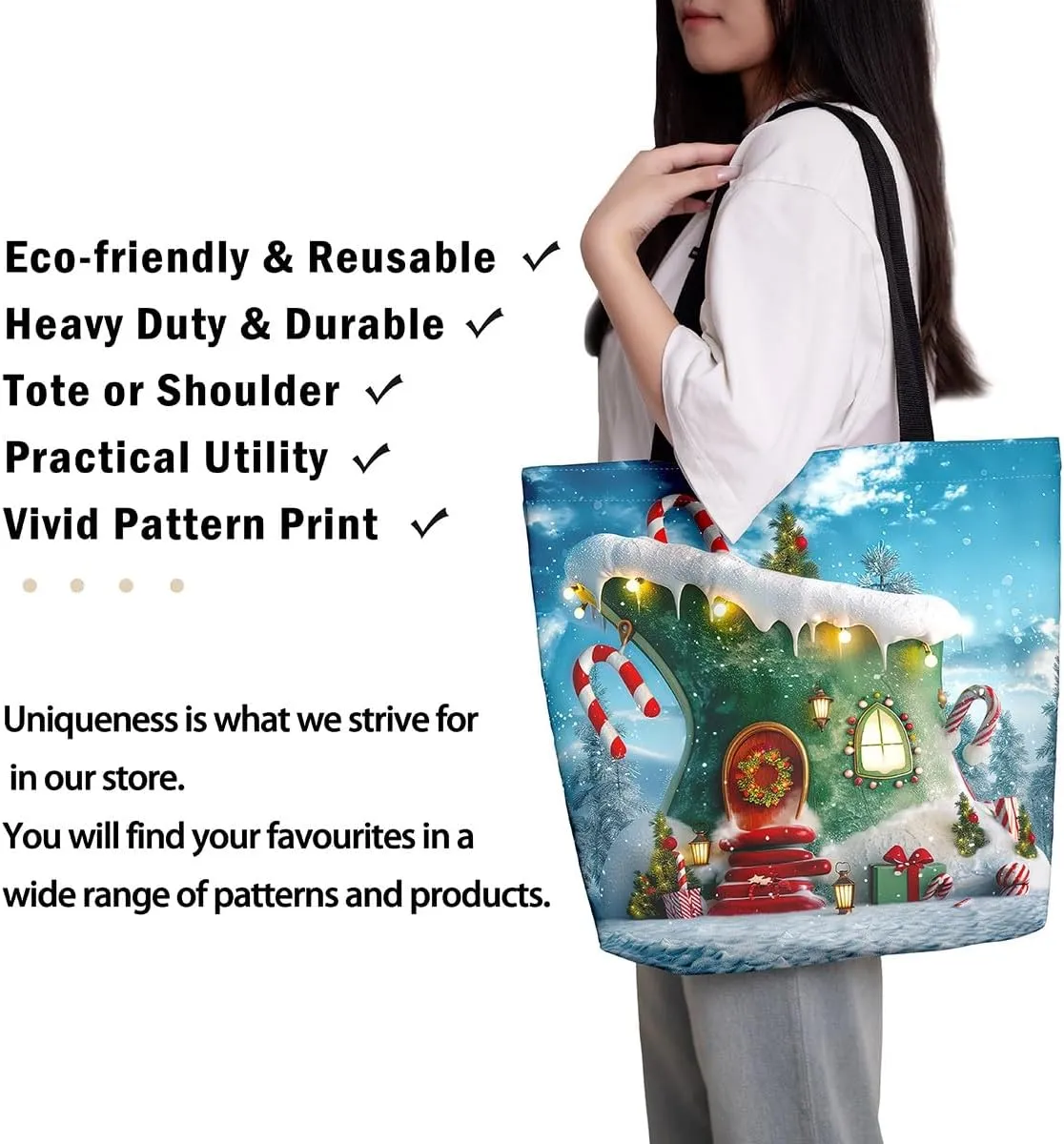 Snowman Canvas Tote Bag Christmas Tree Duffle Bag Women,Skiing Casual Reusable Handbag for Women