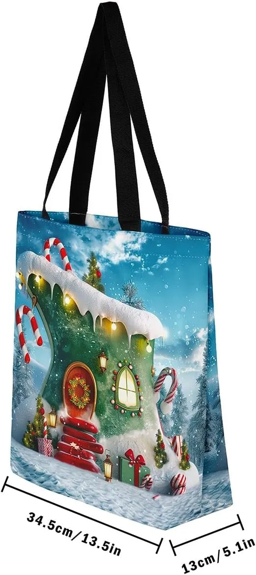 Snowman Canvas Tote Bag Christmas Tree Duffle Bag Women,Skiing Casual Reusable Handbag for Women
