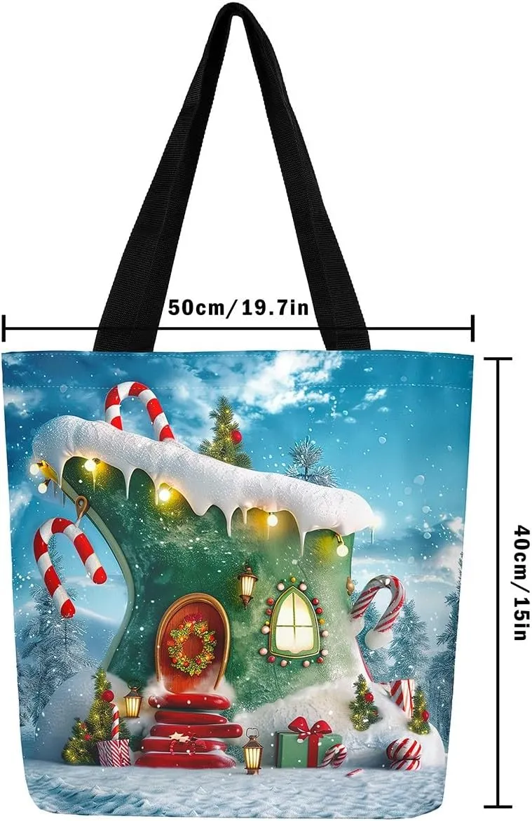 Snowman Canvas Tote Bag Christmas Tree Duffle Bag Women,Skiing Casual Reusable Handbag for Women