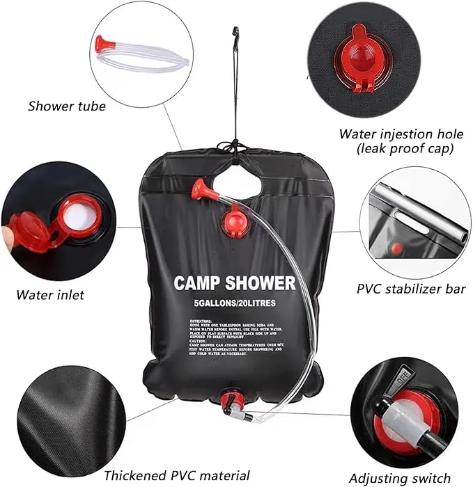 Solar Shower Bag, 5 Gallons/20L Camping Shower Bag, Portable Shower Bag with Removable Hose and On-Off Switchable Shower Head for Camping Beach Swimming Outdoor Traveling
