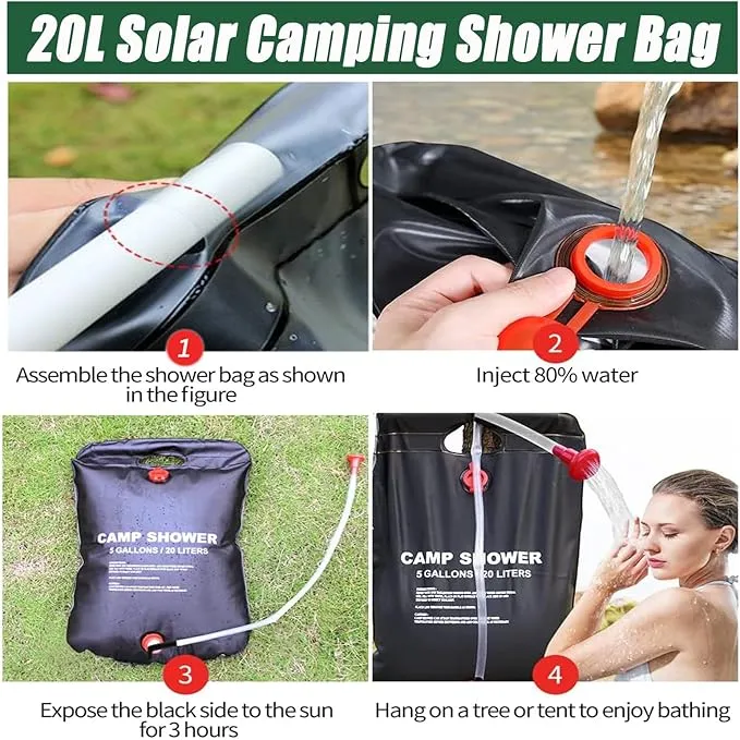 Solar Shower Bag, 5 Gallons/20L Camping Shower Bag, Portable Shower Bag with Removable Hose and On-Off Switchable Shower Head for Camping Beach Swimming Outdoor Traveling