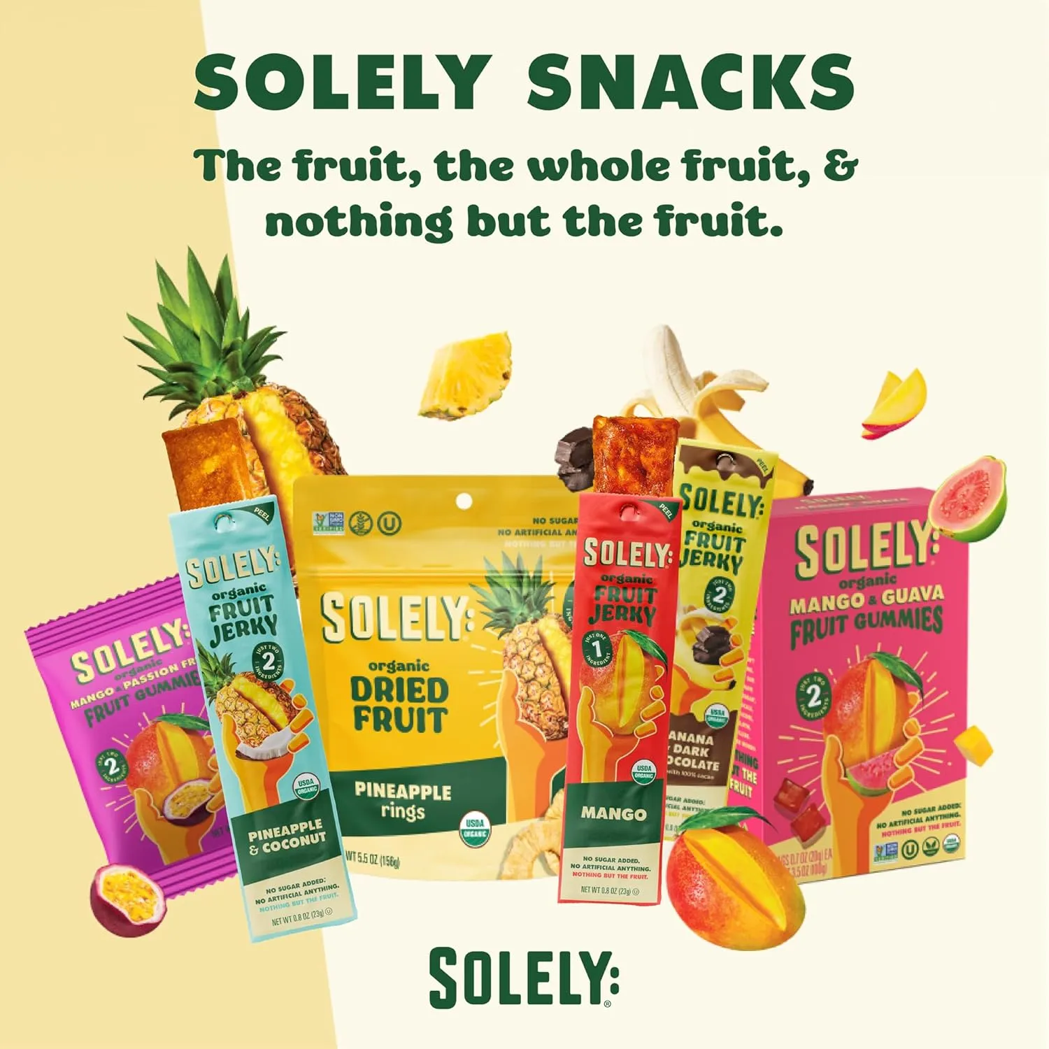 SOLELY - Organic Mango & Guava Whole Fruit Gummies (Pack of 8 Boxes, 5 Bags per Box) - Real Fresh Fruit - Healthy Snacks for Adults & Kids - Non GMO, Vegan Snacks, Shelf Stable - 40 Bags (3.5 oz)