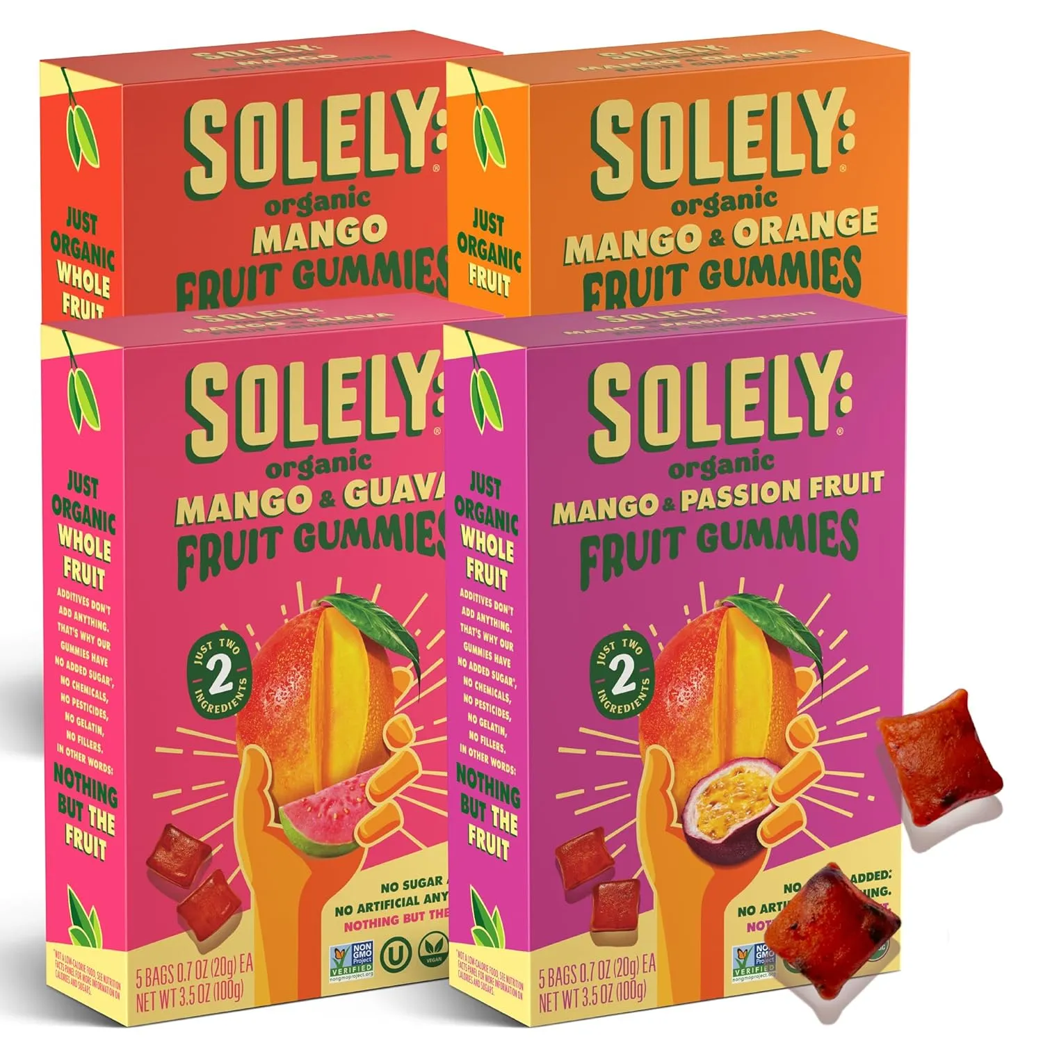 SOLELY - Organic Mango Whole Fruit Gummies Variety Pack (4 Flavors, 5 Bags per Box) - Real Fresh Fruit - Healthy Snacks for Adults & Kids - Non GMO, Vegan Snacks, Shelf Stable - 20 Bags (3.5 oz)