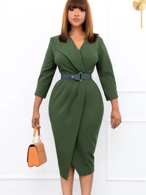 Solid With Belt V Neck Dress