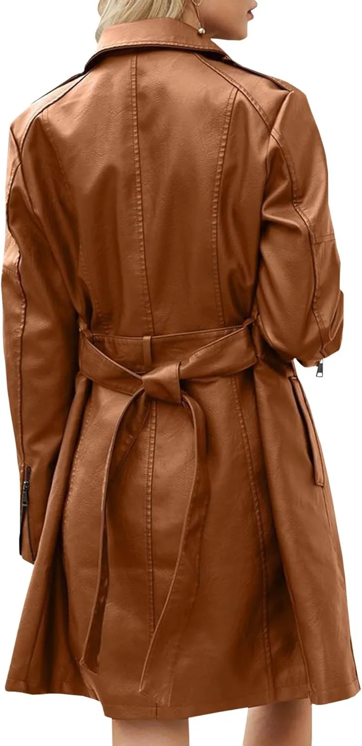 SOMTHRON Women's Mid Length Faux PU Leather Trench Coat Long Sleeve Zip Up Lapel Long Jacket Overcoat with Belt