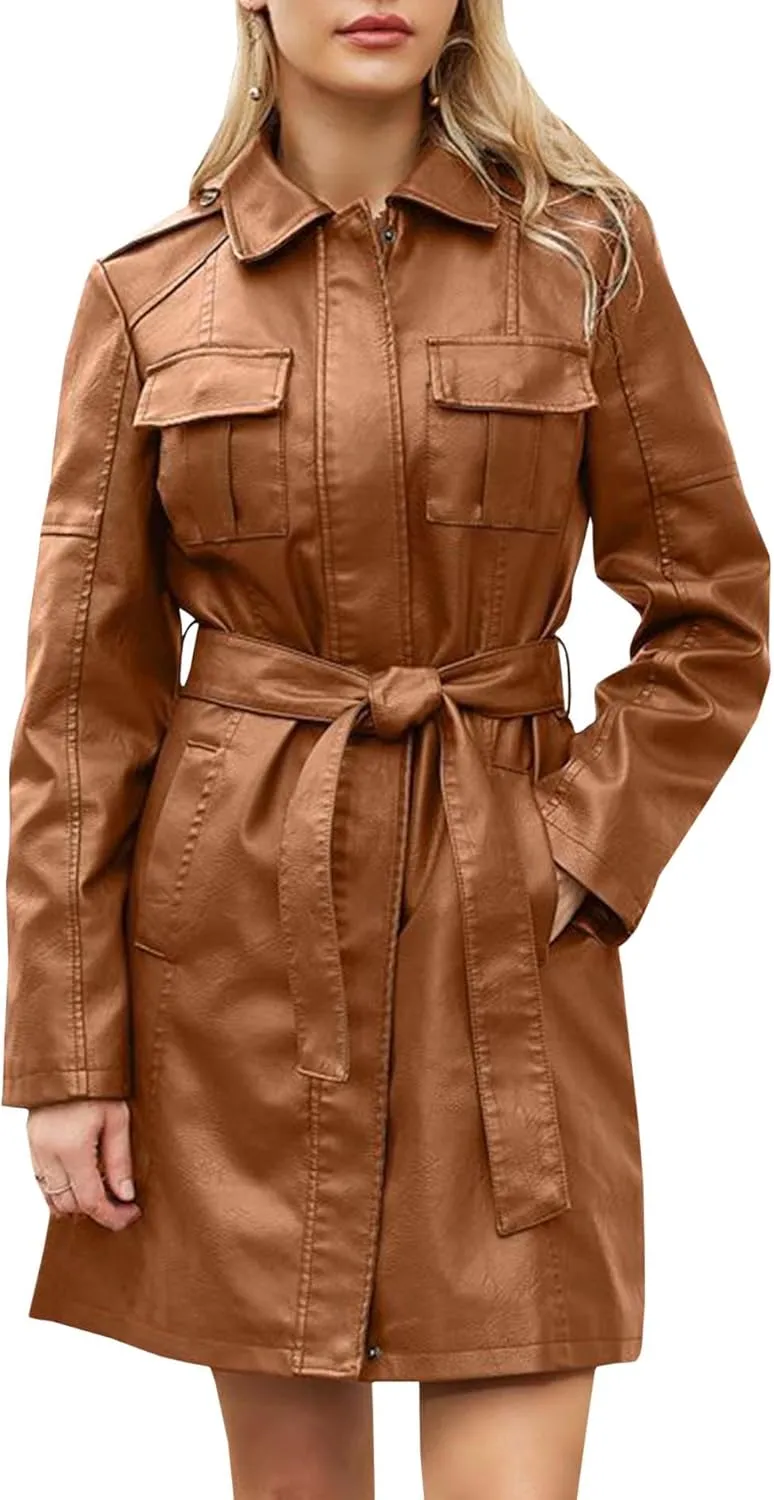 SOMTHRON Women's Mid Length Faux PU Leather Trench Coat Long Sleeve Zip Up Lapel Long Jacket Overcoat with Belt