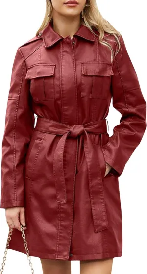 SOMTHRON Women's Mid Length Faux PU Leather Trench Coat Long Sleeve Zip Up Lapel Long Jacket Overcoat with Belt