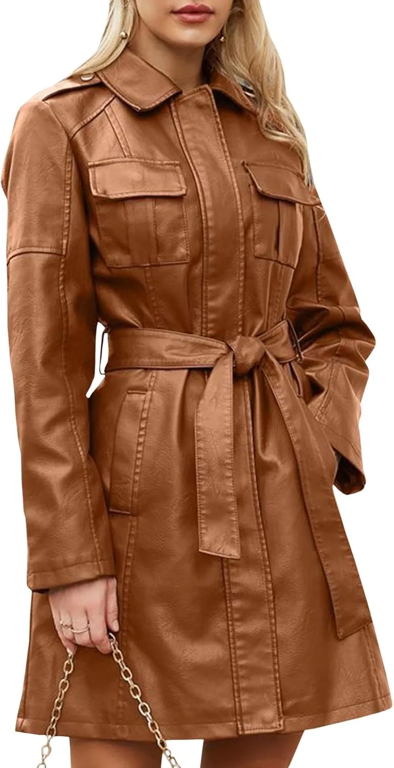 SOMTHRON Women's Mid Length Faux PU Leather Trench Coat Long Sleeve Zip Up Lapel Long Jacket Overcoat with Belt