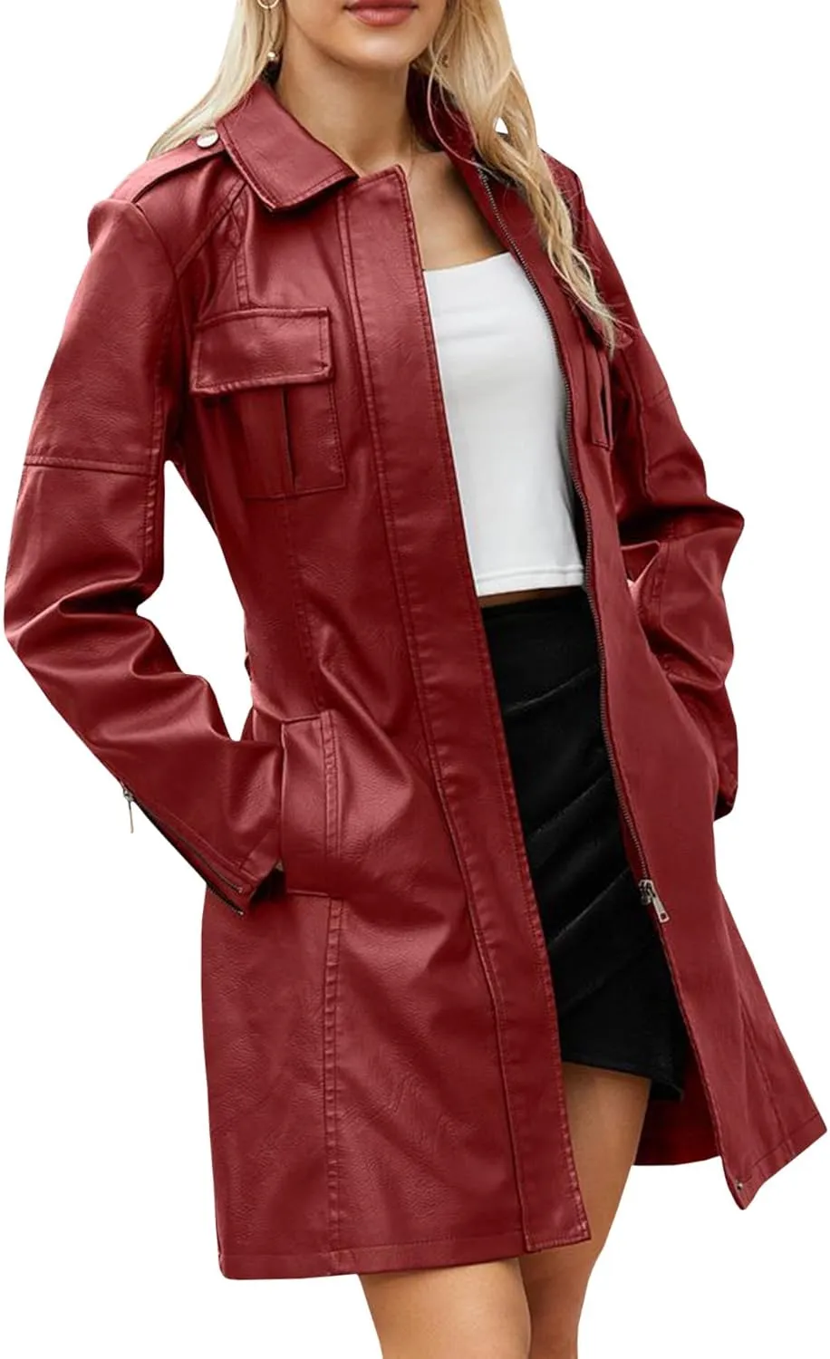 SOMTHRON Women's Mid Length Faux PU Leather Trench Coat Long Sleeve Zip Up Lapel Long Jacket Overcoat with Belt