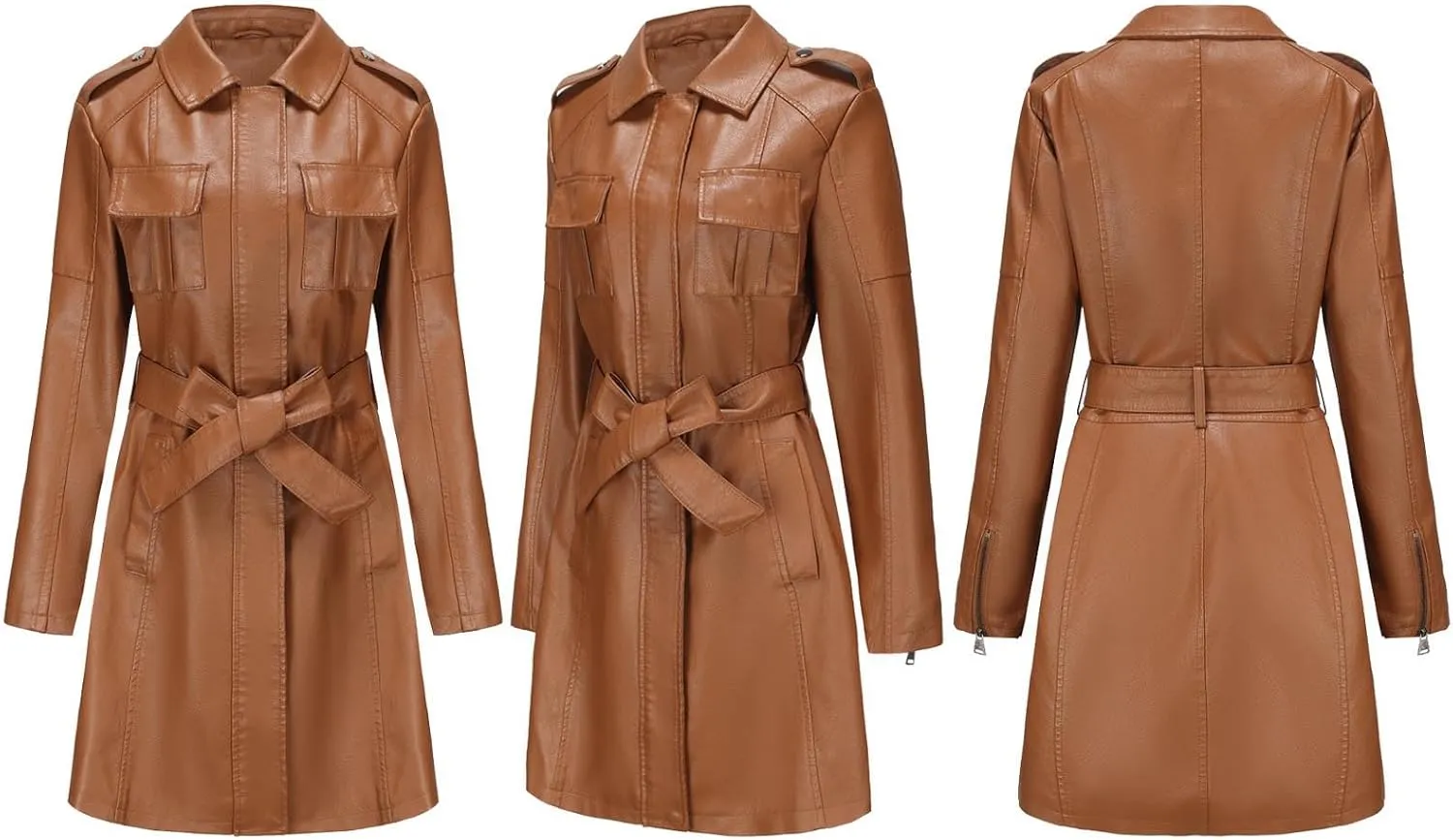 SOMTHRON Women's Mid Length Faux PU Leather Trench Coat Long Sleeve Zip Up Lapel Long Jacket Overcoat with Belt
