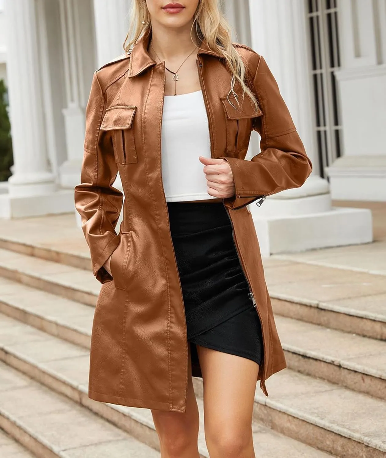 SOMTHRON Women's Mid Length Faux PU Leather Trench Coat Long Sleeve Zip Up Lapel Long Jacket Overcoat with Belt