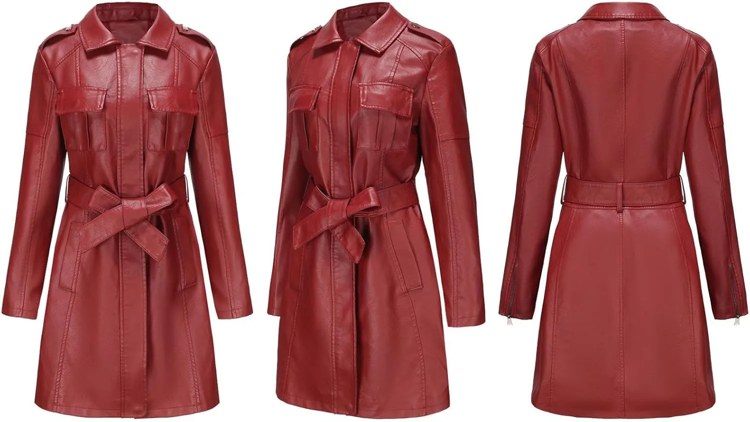 SOMTHRON Women's Mid Length Faux PU Leather Trench Coat Long Sleeve Zip Up Lapel Long Jacket Overcoat with Belt