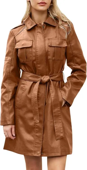 SOMTHRON Women's Mid Length Faux PU Leather Trench Coat Long Sleeve Zip Up Lapel Long Jacket Overcoat with Belt