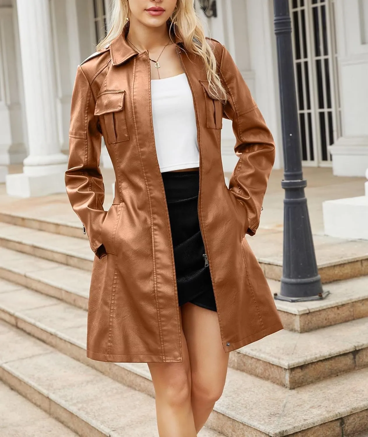 SOMTHRON Women's Mid Length Faux PU Leather Trench Coat Long Sleeve Zip Up Lapel Long Jacket Overcoat with Belt